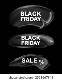 Viernes Negro. Pegatinas promocionales del descuento de la colección en fondo oscuro. Grandes descuentos y ventas. Las pegatinas forman pasta negra untada con la inscripción Black Friday. Pegatinas publicitarias