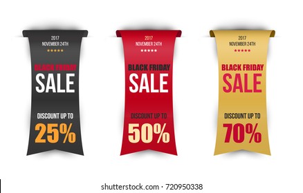 Black Friday collection sale banner isolated on white background, vector illustration. Vertical ribbons for shares, discounts.