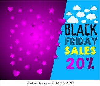 Black Friday Colorful romantic Graphics with pink hearts explosion and clouds with yellow 20% sale text