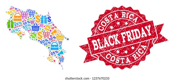 Black Friday combination of mosaic map of Costa Rica and unclean stamp seal. Vector red seal with unclean rubber texture with Black Friday slogan. Flat design for sale illustrations.