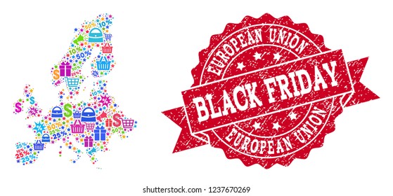 Black Friday combination of mosaic map of Euro Union and rubber seal. Vector red seal with unclean rubber texture with Black Friday caption. Flat design for shopping purposes.