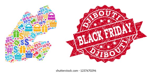 Black Friday combination of mosaic map of Djibouti and grunge seal. Vector red seal with unclean rubber texture with Black Friday text. Flat design for trade purposes.