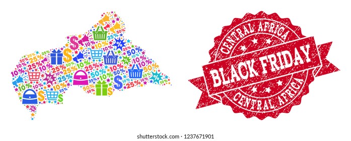 Black Friday combination of mosaic map of Central African Republic and corroded stamp seal. Vector red seal with scratched rubber texture with Black Friday title. Flat design for trade templates.