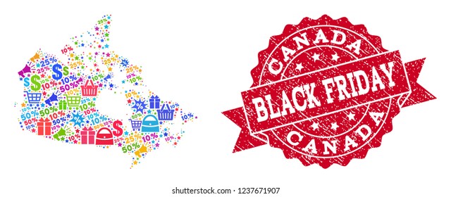 Black Friday combination of mosaic map of Canada and rubber stamp seal. Vector red seal with unclean rubber texture with Black Friday text. Flat design for shopping posters.