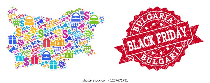 Black Friday combination of mosaic map of Bulgaria and grunge stamp seal. Vector red imprint with grunge rubber texture with Black Friday text. Flat design for shopping purposes.