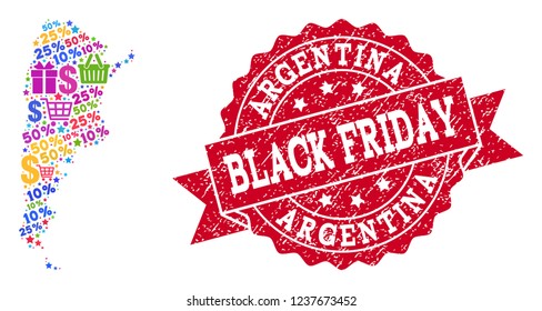 Black Friday combination of mosaic map of Argentina and rubber seal. Vector red seal with grunge rubber texture with Black Friday text. Flat design for shopping templates.