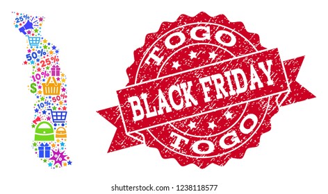 Black Friday combination of mosaic map of Togo and grunge stamp seal. Vector red seal with grunge rubber texture with Black Friday caption. Flat design for shopping posters.