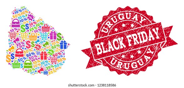 Black Friday combination of mosaic map of Uruguay and rubber seal. Vector red seal with scratched rubber texture with Black Friday caption. Flat design for shopping posters.
