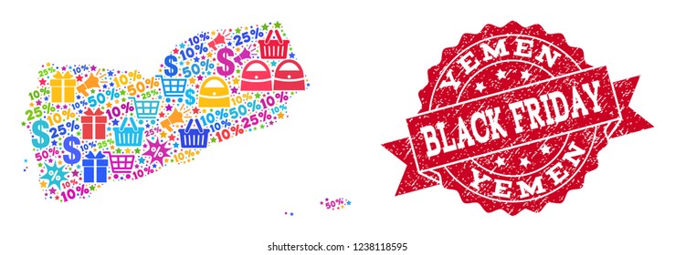Black Friday combination of mosaic map of Yemen and rubber seal. Vector red seal with distress rubber texture with Black Friday caption. Flat design for sale templates.
