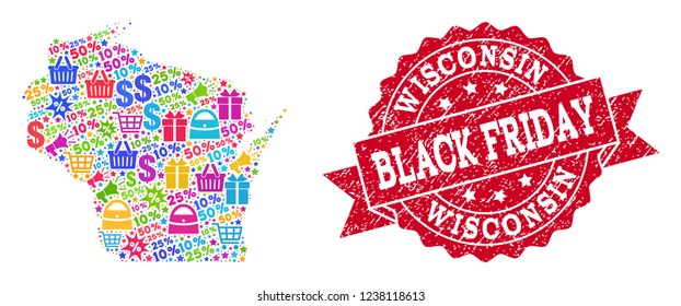 Black Friday combination of mosaic map of Wisconsin State and grunge seal. Vector red seal with scratched rubber texture with Black Friday caption. Flat design for sale templates.