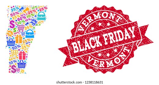 Black Friday combination of mosaic map of Vermont State and unclean stamp seal. Vector red seal with grunge rubber texture with Black Friday text. Flat design for sale posters.