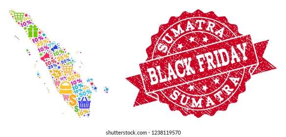Black Friday combination of mosaic map of Sumatra Island and grunge seal. Vector red seal with grunge rubber texture with Black Friday title. Flat design for promotion purposes.