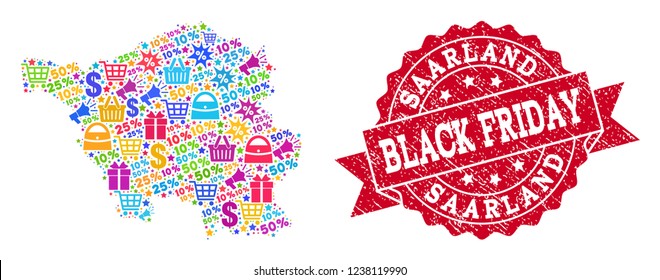 Black Friday combination of mosaic map of Saarland State and scratched stamp. Vector red seal with scratched rubber texture with Black Friday text. Flat design for shopping illustrations.