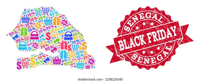 Black Friday combination of mosaic map of Senegal and unclean seal. Vector red seal with unclean rubber texture with Black Friday slogan. Flat design for trade purposes.