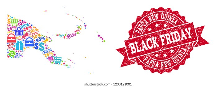 Black Friday combination of mosaic map of Papua New Guinea and rubber stamp seal. Vector red seal with unclean rubber texture with Black Friday text. Flat design for promotion templates.