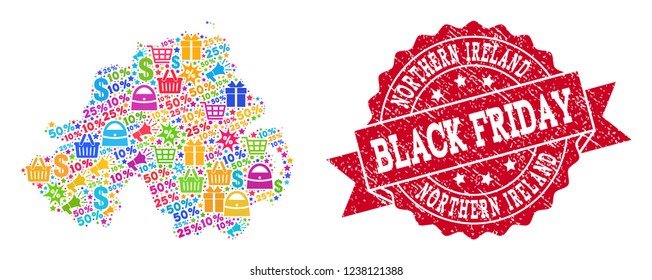 Black Friday combination of mosaic map of Northern Ireland and grunge stamp. Vector red seal with grunge rubber texture with Black Friday slogan. Flat design for promotion templates.