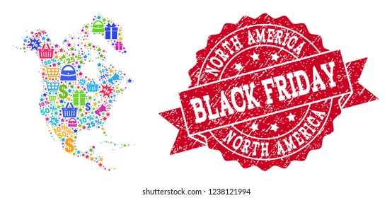 Black Friday combination of mosaic map of North America and dirty stamp seal. Vector red seal with scratched rubber texture with Black Friday slogan. Flat design for advertisement templates.