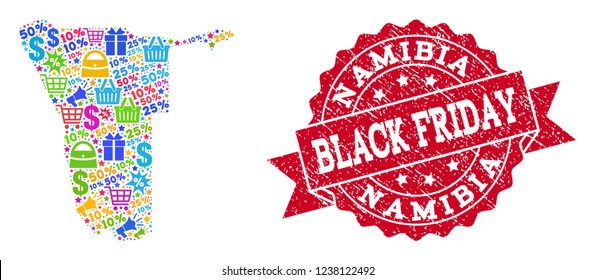Black Friday combination of mosaic map of Namibia and textured stamp seal. Vector red seal with unclean rubber texture with Black Friday title. Flat design for shopping illustrations.