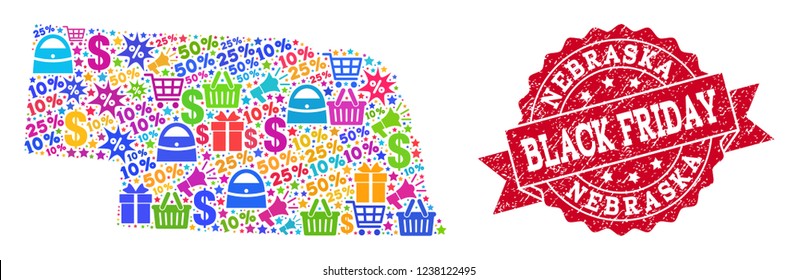 Black Friday combination of mosaic map of Nebraska State and scratched seal. Vector red seal with scratched rubber texture with Black Friday title. Flat design for shopping templates.
