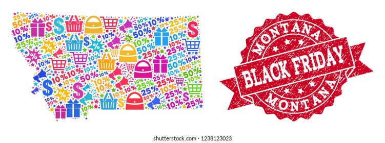 Black Friday combination of mosaic map of Montana State and rubber stamp seal. Vector red imprint with distress rubber texture with Black Friday text. Flat design for shopping posters.