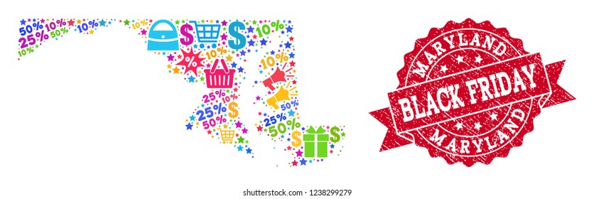 Black Friday combination of mosaic map of Maryland State and dirty seal. Vector red seal with scratched rubber texture with Black Friday caption. Flat design for shopping templates.
