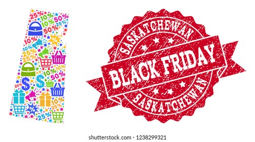 Black Friday combination of mosaic map of Saskatchewan Province and rubber stamp seal. Vector red watermark with corroded rubber texture with Black Friday title.