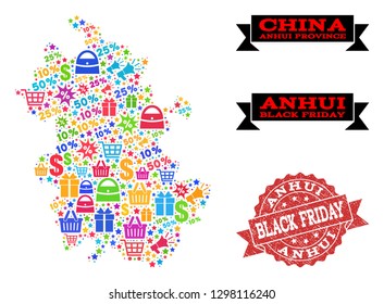 Black Friday combination of mosaic map of Anhui Province and corroded seal. Vector red seal with unclean rubber texture with Black Friday caption. Flat design for shopping posters.