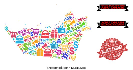 Black Friday combination of mosaic map of Abu Dhabi Emirate and grunge stamp. Vector red imprint with grunge rubber texture with Black Friday caption. Flat design for promotion illustrations.