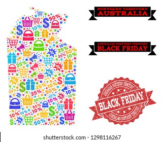 Black Friday combination of mosaic map of Australian Northern Territory and rubber stamp. Vector red imprint with scratched rubber texture with Black Friday text. Flat design for shopping posters.