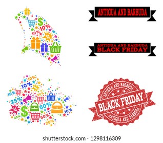 Black Friday combination of mosaic map of Antigua and Barbuda and rubber stamp. Vector red seal with unclean rubber texture with Black Friday text. Flat design for promotion purposes.