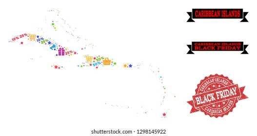 Black Friday combination of mosaic map of Caribbean Islands and dirty stamp seal. Vector red seal with scratched rubber texture with Black Friday title. Flat design for trade templates.