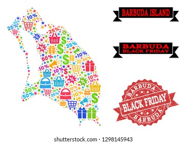 Black Friday combination of mosaic map of Barbuda Island and rubber seal. Vector red seal with corroded rubber texture with Black Friday text. Flat design for trade posters.