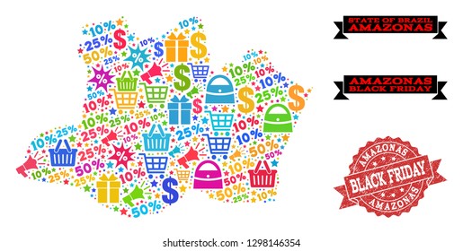 Black Friday combination of mosaic map of Amazonas State and rubber stamp. Vector red imprint with scratched rubber texture with Black Friday slogan. Flat design for shopping illustrations.