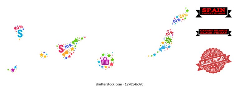 Black Friday combination of mosaic map of Canary Islands and rubber stamp. Vector red seal with scratched rubber texture with Black Friday text. Flat design for shopping templates.