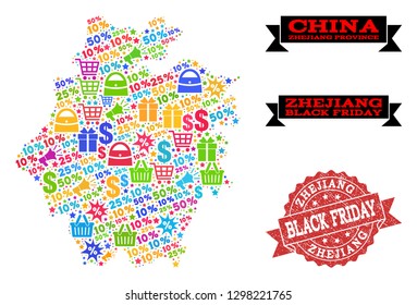 Black Friday combination of mosaic map of Zhejiang Province and rubber seal. Vector red seal with corroded rubber texture with Black Friday slogan. Flat design for promotion illustrations.