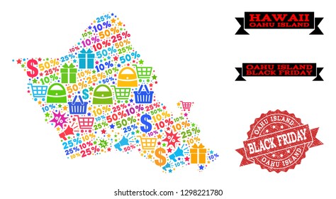 Black Friday combination of mosaic map of Oahu Island and corroded stamp. Vector red seal with corroded rubber texture with Black Friday text. Flat design for shopping posters.