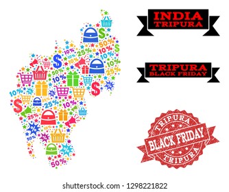 Black Friday combination of mosaic map of Tripura State and rubber stamp seal. Vector red seal with grunge rubber texture with Black Friday title. Flat design for trade posters.