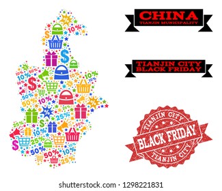 Black Friday combination of mosaic map of Tianjin Municipality and grunge stamp seal. Vector red seal with corroded rubber texture with Black Friday caption. Flat design for shopping illustrations.