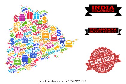 Black Friday combination of mosaic map of Telangana State and rubber seal. Vector red watermark with corroded rubber texture with Black Friday caption. Flat design for shopping purposes.