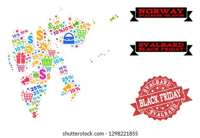 Black Friday combination of mosaic map of Svalbard Islands and unclean seal. Vector red seal with corroded rubber texture with Black Friday caption. Flat design for shopping illustrations.
