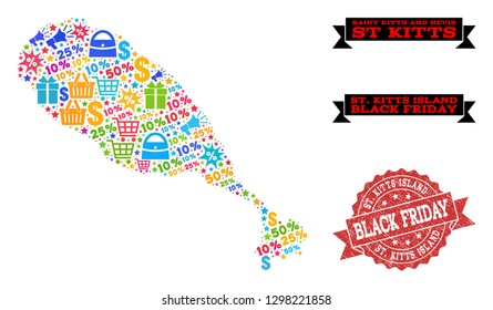 Black Friday combination of mosaic map of St Kitts Island and textured stamp seal. Vector red seal with corroded rubber texture with Black Friday caption. Flat design for shopping illustrations.