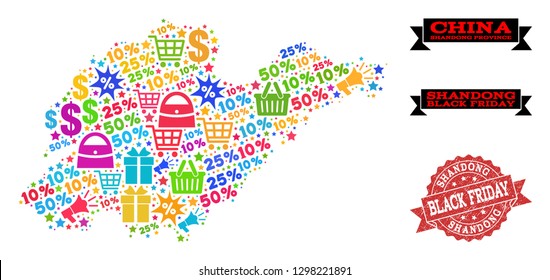 Black Friday combination of mosaic map of Shandong Province and dirty stamp seal. Vector red seal with grunge rubber texture with Black Friday title. Flat design for promotion templates.