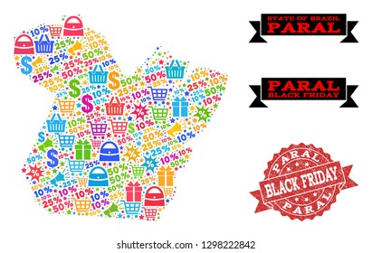 Black Friday combination of mosaic map of Paral State and grunge seal. Vector red watermark with corroded rubber texture with Black Friday text. Flat design for shopping illustrations.