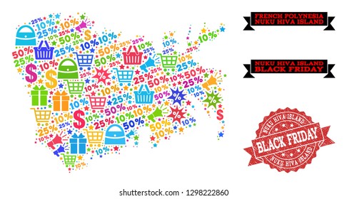Black Friday combination of mosaic map of Nuku Hiva Island and rubber stamp seal. Vector red seal with grunge rubber texture with Black Friday text. Flat design for trade purposes.