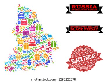 Black Friday combination of mosaic map of Sverdlovsk Region and scratched seal. Vector red seal with scratched rubber texture with Black Friday slogan. Flat design for sale templates.