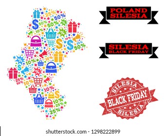 Black Friday combination of mosaic map of Silesia Province and rubber stamp seal. Vector red seal with unclean rubber texture with Black Friday text. Flat design for promotion purposes.