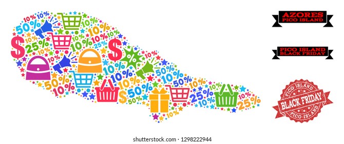 Black Friday combination of mosaic map of Pico Island and rubber stamp seal. Vector red seal with unclean rubber texture with Black Friday title. Flat design for sale posters.