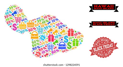 Black Friday combination of mosaic map of Maui Island and grunge seal. Vector red seal with grunge rubber texture with Black Friday caption. Flat design for shopping purposes.