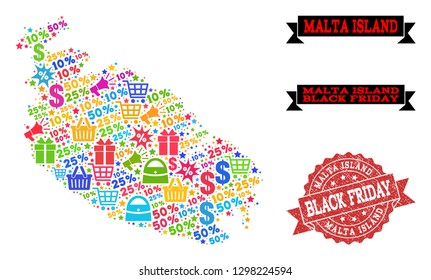 Black Friday combination of mosaic map of Malta Island and rubber seal. Vector red seal with distress rubber texture with Black Friday caption. Flat design for sale templates.