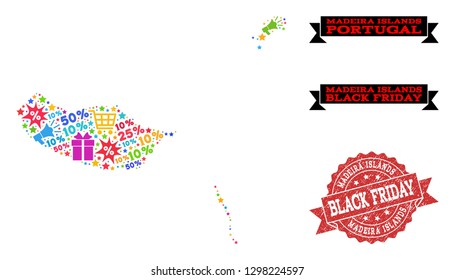 Black Friday combination of mosaic map of Madeira Islands and rubber stamp. Vector red watermark with distress rubber texture with Black Friday caption. Flat design for shopping illustrations.